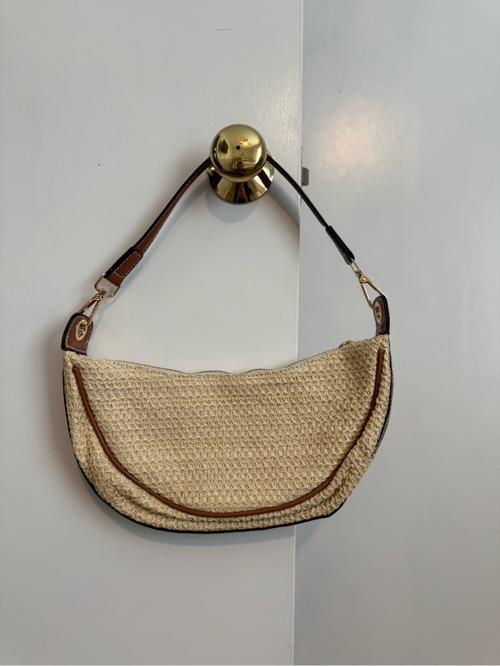 Zara Beige Woven Crescent Shoulder Bag with Brown Trim
